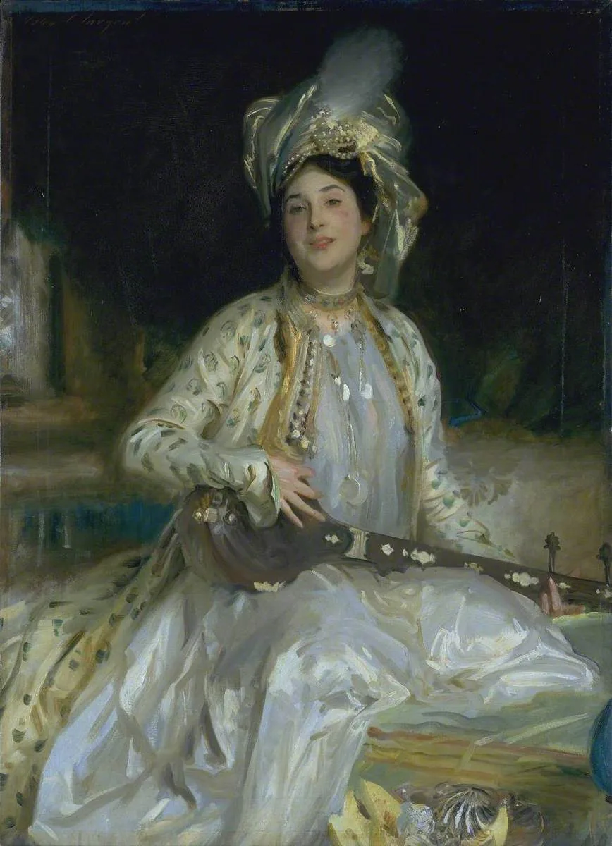 Painted portrait of a female musician in costume with an instrument