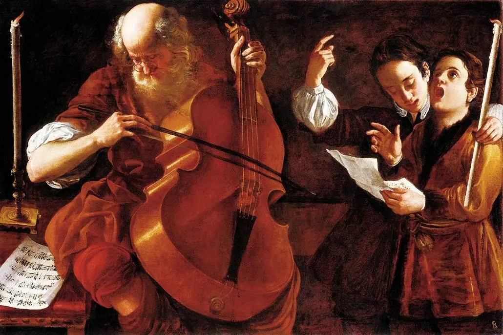 Historic painting of musicians and singers with sheet music