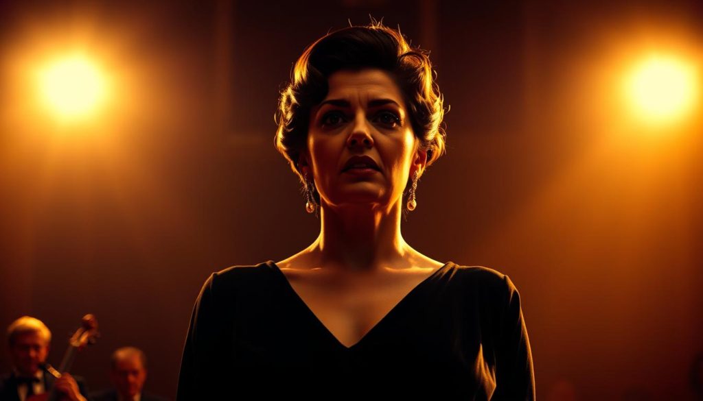 A dramatic stage performance of the renowned opera singer Maria Callas, captured in a high-contrast, cinematic lighting. Callas stands center stage, her regal posture and intense expression commanding the attention of the audience. The background is a dimly lit, atmospheric stage, with the faint silhouettes of orchestra musicians visible in the shadows. Warm, golden lighting illuminates Callas' face, highlighting the elegant lines of her face and the intensity of her gaze. The overall mood is one of raw, emotional power, perfectly capturing the essence of Callas' legendary stage presence and the drama of her operatic performances.