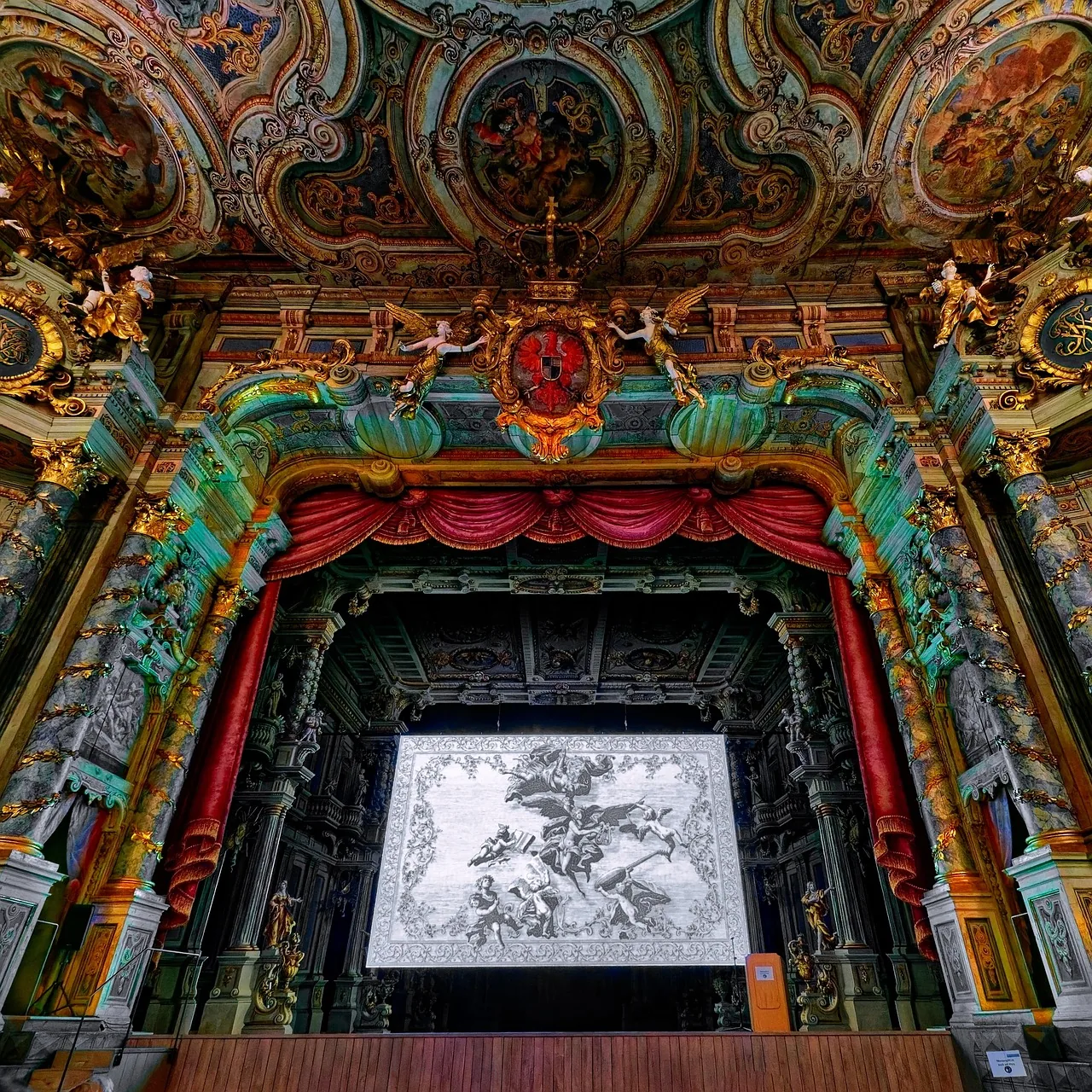 Baroque theatre stage with gilded decorations Baroque theatre stage with gilded decorations
