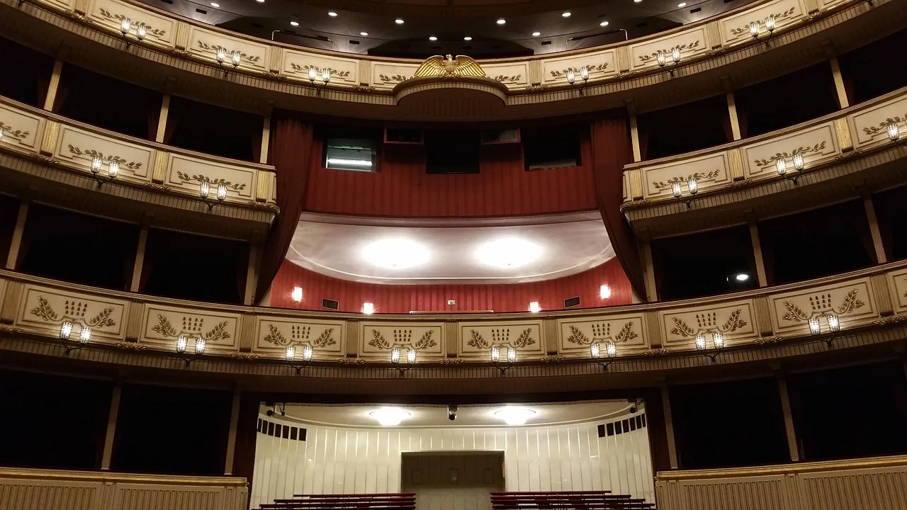 Tiered balconies and gilding in a theatre auditorium Tiered balconies and gilding in a theatre auditorium