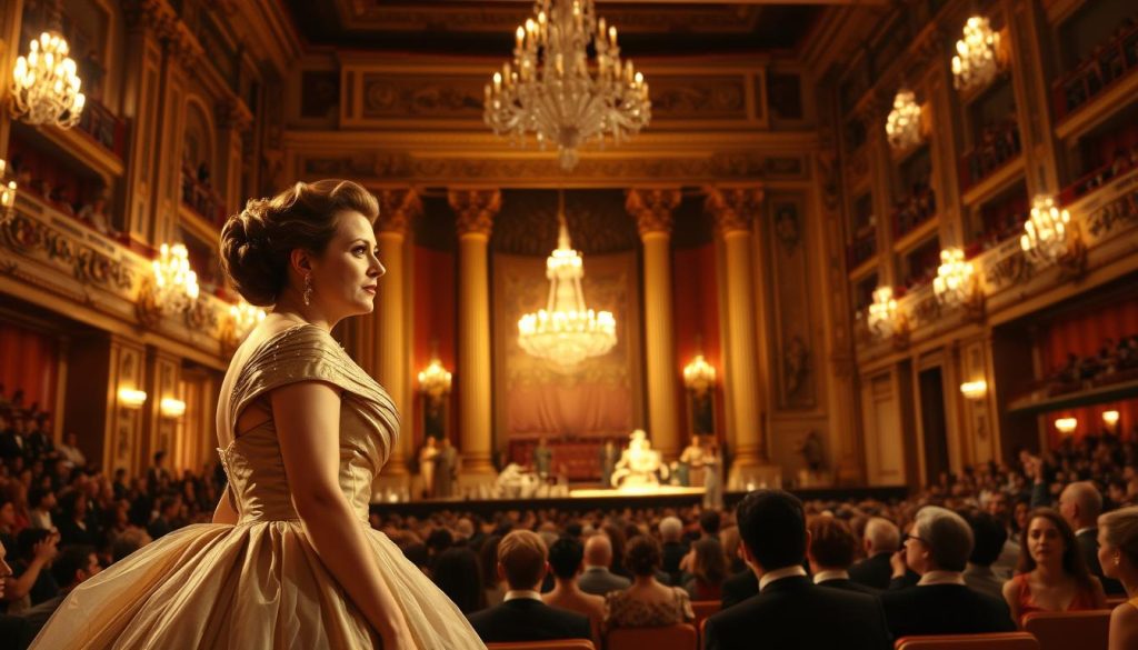 A captivating scene unfolds on the grand stage of the Metropolitan Opera. In the foreground, the legendary Maria Callas, resplendent in a sumptuous gown, captivates the audience as the tragic Violetta in Verdi's masterpiece, "La Traviata". Her expressive face and impassioned gestures convey the depth of her character's emotional journey. The middle ground is filled with the lush, ornate sets, evoking the opulence of 19th-century Paris. Towering columns, intricate draperies, and a shimmering chandelier create an atmosphere of elegance and grandeur. In the background, the audience sits enraptured, their faces illuminated by the warm, golden lighting that bathes the stage, as Callas's soaring vocals fill the air, transporting them to a world of love, sacrifice, and ultimate redemption.