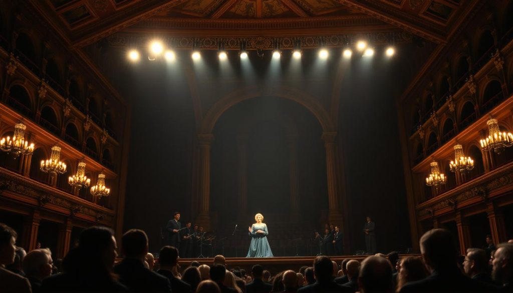 A grand opera stage at the iconic Metropolitan Opera in New York, illuminated by dramatic lighting. Center stage, the striking figure of soprano Maria Callas, her regal presence commanding attention as she performs the emotionally charged role of Lucia in Donizetti's "Lucia di Lammermoor". Callas' face is a portrait of intense, haunting expression, her voice soaring with virtuosic control. The opulent set design, with its gothic arches and moody shadows, heightens the tragic atmosphere of the performance. Audience members lean forward, captivated by the sheer artistry unfolding before them, as Callas masterfully embodies the doomed, fragile heroine. A pivotal moment in the renowned diva's legendary career at the prestigious Metropolitan Opera.
