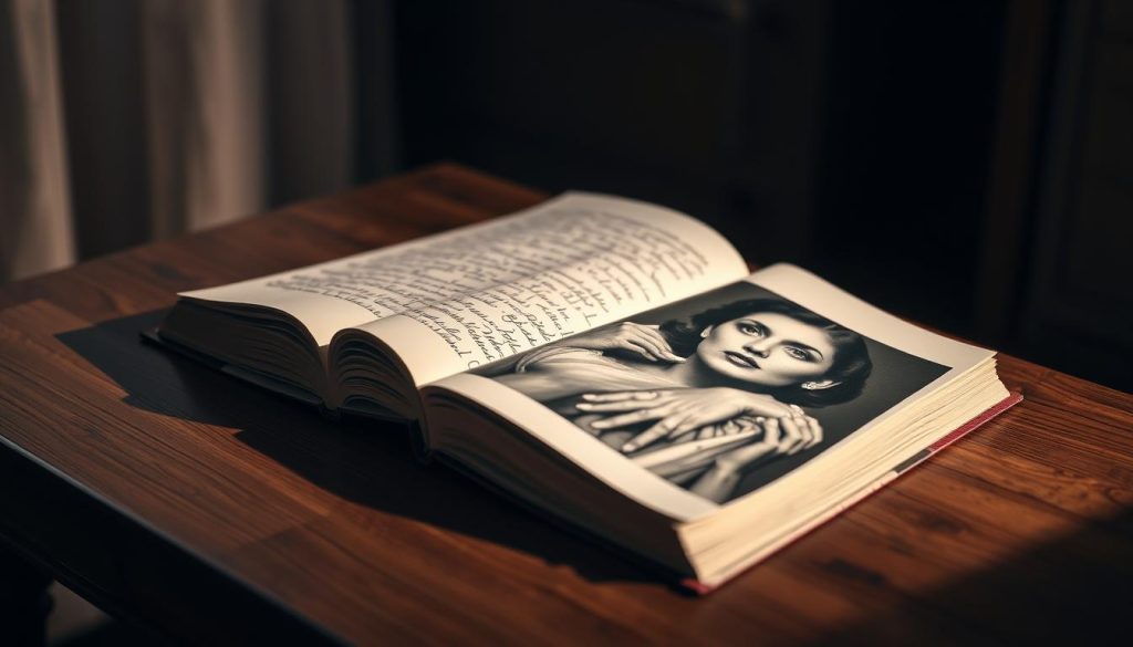 A hardcover book lies open on a wooden table, its pages revealing handwritten letters and memoirs by the legendary opera singer Maria Callas. The book's cover features a striking black and white portrait of Callas, her piercing gaze and elegant features capturing the intensity and passion that defined her iconic career. Soft, warm lighting bathes the scene, creating a sense of intimacy and reverence. The background is blurred, allowing the book and its contents to take center stage, inviting the viewer to immerse themselves in the personal reflections and recollections of this musical legend.