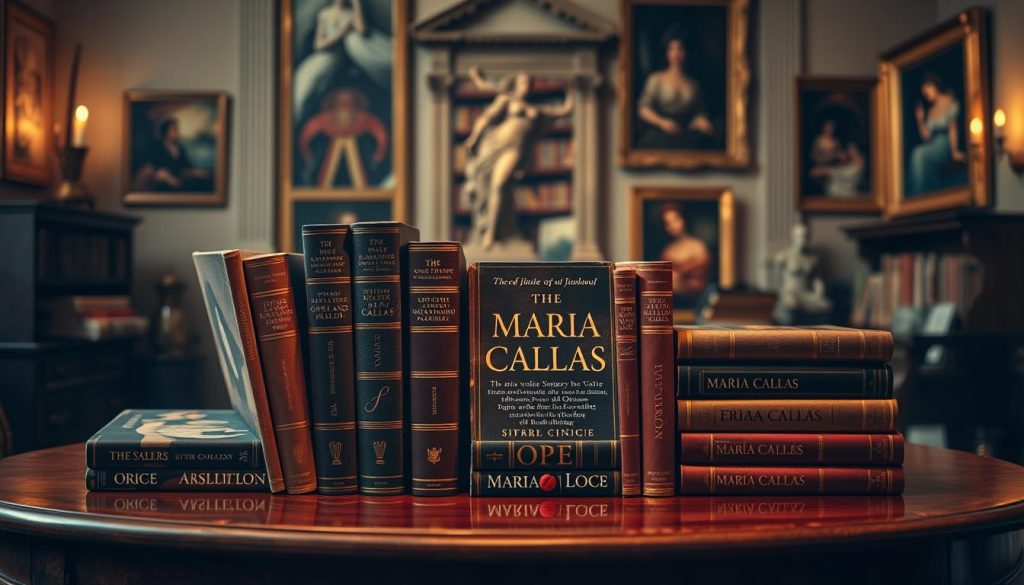 A highly detailed and meticulously arranged still life showcasing a selection of hardcover books on the art and voice of the legendary opera singer Maria Callas. The books are displayed on a mahogany table, their spines facing the viewer, bathed in warm, directional lighting that accentuates their rich textures and colors. In the background, a subtly blurred studio setting with hints of classical architecture and artwork evokes an atmosphere of intellectual pursuit and artistic reverence. The overall composition exudes a sense of reverence, scholarly focus, and timeless elegance befitting the revered subject.