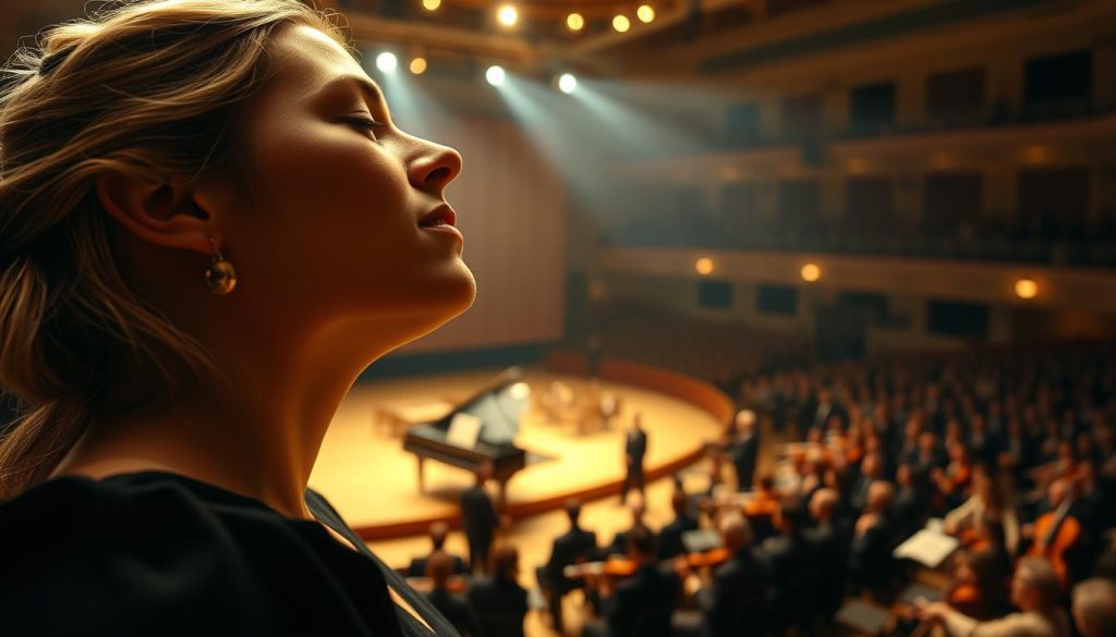 A majestic, historical interpretation of "Ave Maria" by Gounod. In the foreground, a dramatic close-up of a soprano's face, eyes closed in rapturous concentration, her expression evoking the solemn reverence of the sacred hymn. The middle ground reveals a dimly lit stage, with a grand piano and violin ensemble accompanying the soloist. In the background, the shadowy outlines of a packed concert hall, the audience enraptured by the performance. Soft, golden lighting casts a warm, ethereal glow, heightening the spiritual atmosphere. The composition is cinematic, with a wide, shallow depth of field that focuses the viewer's attention on the soloist, conveying the momentous significance of this historic recital.