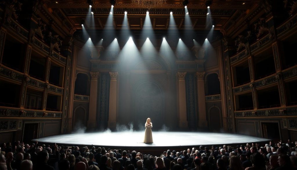 A mesmerizing operatic performance at the esteemed Metropolitan Opera. Center stage, a solitary figure, Maria Callas, captivating the audience as the legendary Norma. Her regal posture and intense gaze command the room, while dramatic lighting casts dramatic shadows, heightening the emotional intensity. The opulent stage backdrop, adorned with grand architectural details, sets the scene for this iconic operatic moment. An aura of timelessness and artistic grandeur permeates the atmosphere, as Callas's powerful vocals resonate through the grand hall, embodying the very essence of the role of Norma.