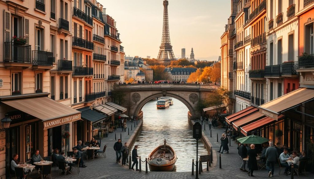 A picturesque street scene in the heart of Paris, capturing the essence of the city's iconic neighborhoods. In the foreground, charming Haussmannian buildings line the cobblestone streets, their ornate facades bathed in warm, golden light. Quaint cafes spill out onto the sidewalks, bustling with Parisians sipping espresso and indulging in flaky croissants. In the middle ground, a timeless stone bridge arches over a tranquil canal, its reflection rippling in the calm waters. Beyond, the distant skyline is punctuated by the unmistakable silhouette of the Eiffel Tower, casting a romantic glow over the entire scene. The overall atmosphere evokes a sense of Parisian elegance, timelessness, and the quintessential Parisian lifestyle.