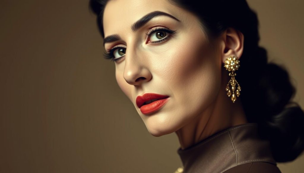 Elegant and sophisticated portrait of Maria Callas, the renowned opera diva. Soft, warm lighting illuminates her refined features, capturing her graceful poise and regal presence. Callas is attired in a tasteful, high-fashion ensemble, exuding a sense of refined taste and elegance. The background is a neutral, muted tone, placing the focus entirely on Callas' captivating visage. The image is captured with a medium-length lens, creating a sense of intimacy and drawing the viewer into Callas' world. The overall mood is one of sophistication, artistry, and timeless beauty, befitting the iconic "La Divina" herself.