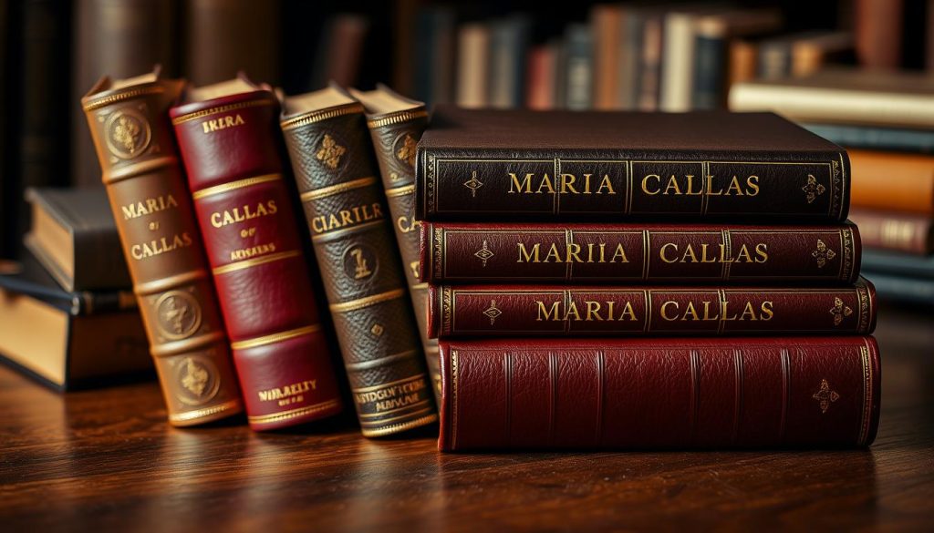 Prompt A harmonious arrangement of hardbound books on a wooden table, their spines showcasing the titles of acclaimed Maria Callas biographies. The leather-bound volumes, adorned with elegant gold embossing, emanate an aura of reverence and scholarly authority. Warm lighting casts a soft glow, highlighting the textured covers and creating a cozy, intimate atmosphere. The books are positioned with care, their edges perfectly aligned, conveying a sense of meticulous curation. This artistic still life captures the essence of the definitive biographical works that immortalize the legendary soprano's life and legacy.