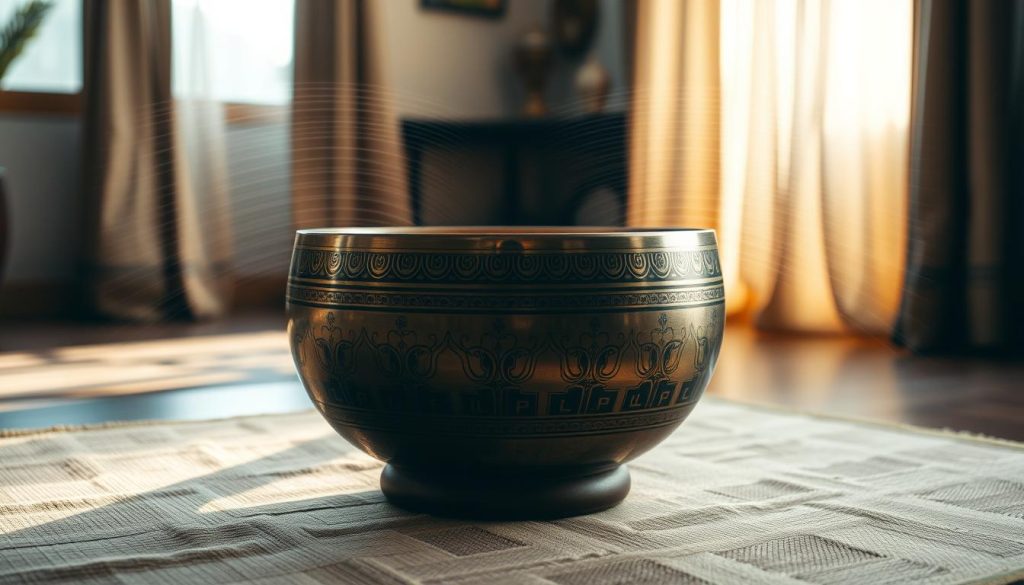 A Tibetan singing bowl placed prominently in the foreground, showcasing its intricate craftsmanship with patterns and engravings. It gleams softly under natural light, emanating a sense of tranquility. Surrounding the bowl, gentle waves of sound vibrations are visually represented as ethereal ripples in the air, creating an engaging interplay between sound and the metallic surface of the bowl. In the background, a serene indoor setting with muted earthy tones enhances the atmosphere, with subtle shadows playing across a textured surface beneath the bowl. The mood conveys calmness and introspection, suggesting a meditative environment. The image is captured from a slightly elevated angle, focusing on the shape and quality of the bowl while emphasizing the dynamic movement of the vibrations.