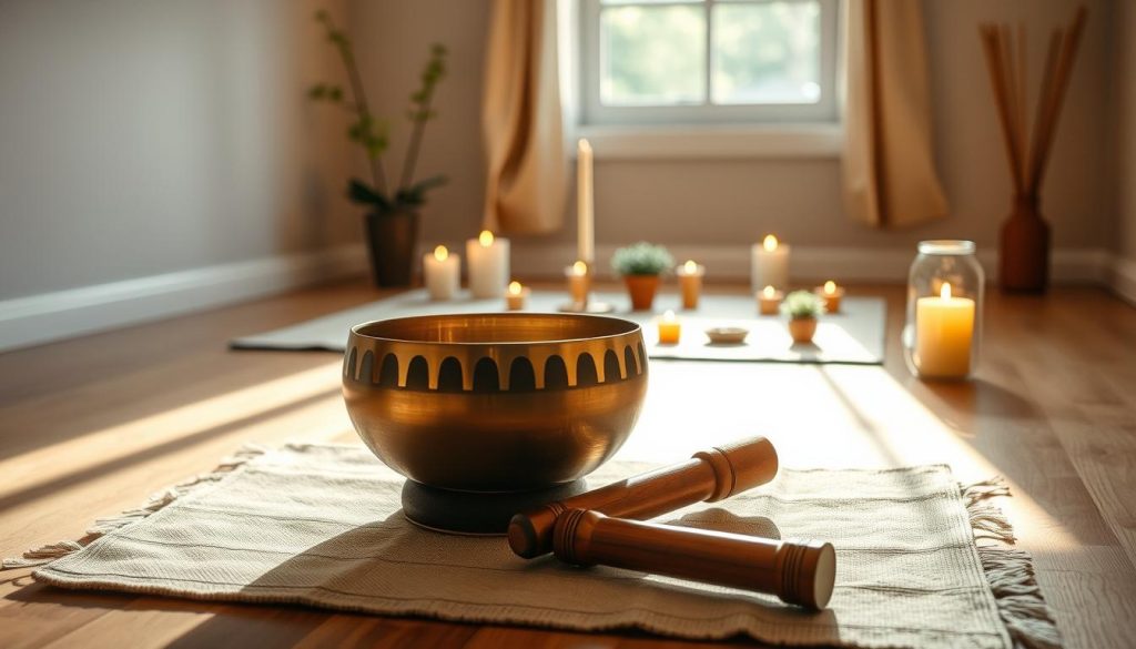 A calming interior scene depicting a Tibetan singing bowl being prepared for use. In the foreground, a beautifully crafted singing bowl made of brass sits on a soft, natural fabric mat, with mallets beside it. In the middle ground, a neatly arranged space features soothing candles, delicate incense, and small potted plants, all bathed in warm, soft lighting to create a serene atmosphere. In the background, a window allows gentle, diffused sunlight to filter in, illuminating the space. The overall mood is tranquil and inviting, suggesting a perfect setting for meditation and relaxation. Capture this moment from a slightly elevated angle to provide depth and emphasize the arrangement without showing any texts or overlay.