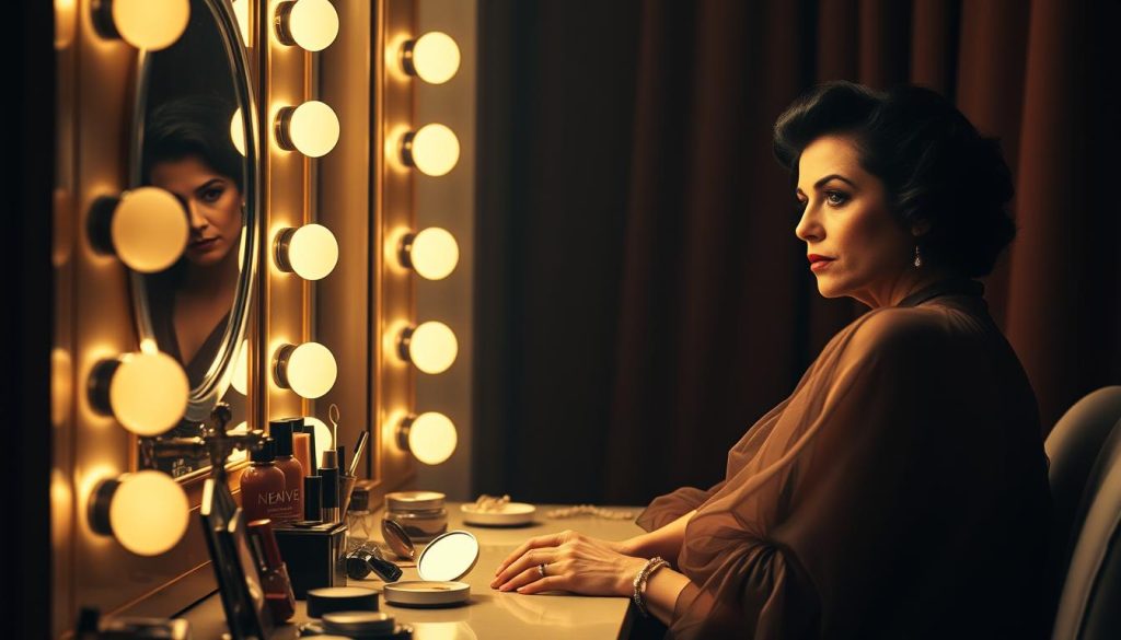 A dimly lit dressing room, with a vanity mirror reflecting the pensive gaze of Maria Callas as she prepares for her final tour. Delicate makeup brushes, powder compacts, and jewelry adorn the surface, while the legendary soprano sits in contemplation, her expression a mix of determination and melancholy. Soft, warm lighting casts a gentle glow, highlighting the elegance of her chiffon robe and the gravity of the moment. The background fades into a blur, focusing our attention on this private ritual, a quiet moment of introspection before the grand performance that will cement her legacy.