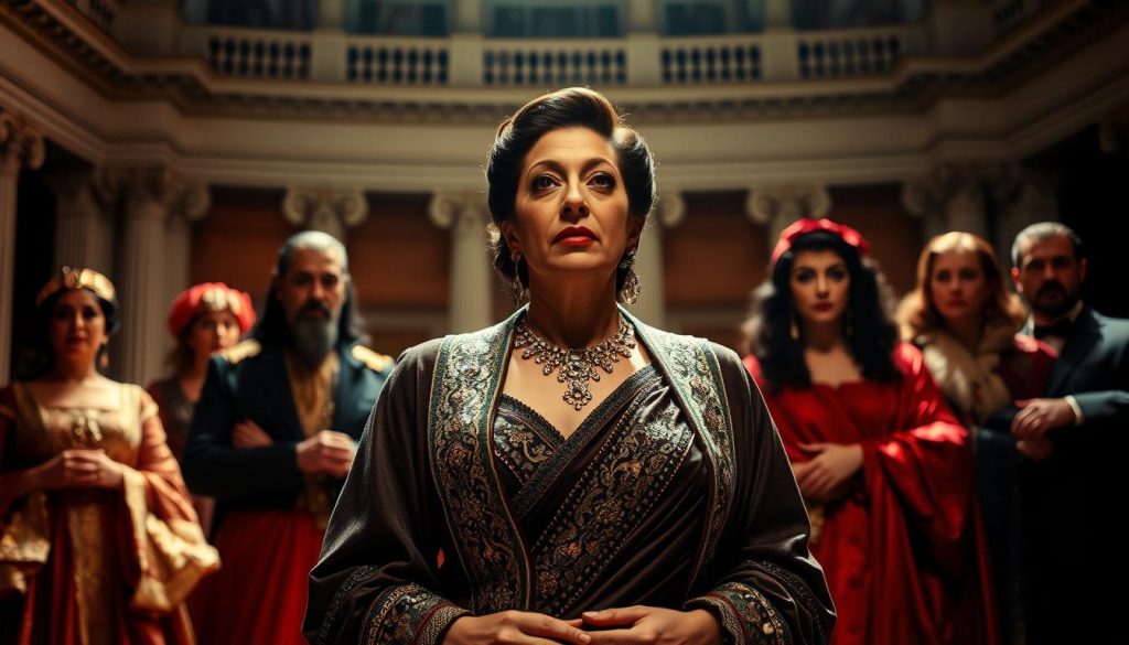 A dramatic portrait of Maria Callas, the legendary opera diva, embodying her most iconic roles. In the foreground, Callas stands center stage, her piercing gaze and regal posture commanding the viewer's attention. She is draped in elaborate costumes, each one a testament to the diverse characters she so masterfully portrayed - from the tragic Norma to the fiery Tosca. The lighting casts dramatic shadows, evoking the intensity and passion that defined her performances. The background is a blur of classical architectural elements, suggesting the grand opera houses that were her domain. The overall tone is one of reverence and admiration, capturing the timeless allure of this incomparable artist.