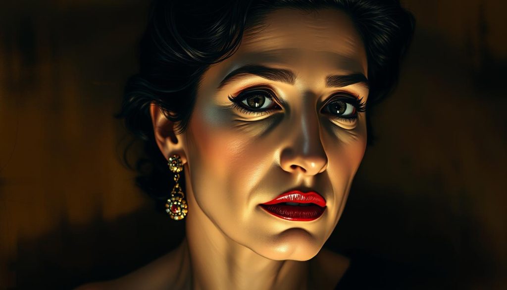 A intimate, painterly portrait of Maria Callas in her private moments. Soft, warm lighting illuminates her elegant features, her pensive gaze conveying the weight of her personal life. The background is a blur of rich, textured hues, hinting at the complexities and turmoil that lay beneath the surface of her celebrated career. The composition is balanced, drawing the viewer's eye to Callas' introspective expression, while the delicate, detailed rendering heightens the sense of a private, unguarded moment. An atmospheric, emotive depiction that captures the duality of Callas' public and private personas.