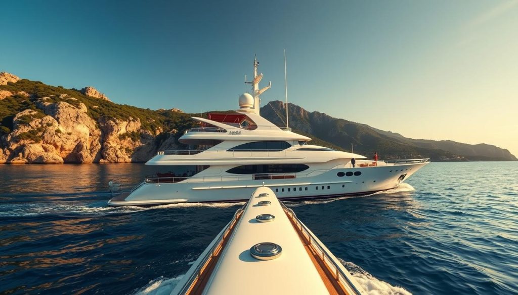 A luxurious and elegant yacht, the Christina O, glides across the azure waters, its sleek white hull reflecting the golden sunlight. In the foreground, the iconic yacht's ornate design and intricate details come into focus, showcasing the opulence and craftsmanship that defined its era. The middle ground reveals the yacht's expansive deck, adorned with plush seating areas and sun loungers, inviting guests to bask in the Mediterranean breeze. In the background, a breathtaking coastal landscape unfolds, with rugged cliffs and lush, verdant foliage framing the scene. The image exudes a sense of timeless sophistication, evoking the glamour and exclusivity associated with the yachting lifestyle.