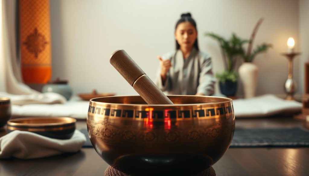 A serene and focused scene depicting a Tibetan singing bowl being played with a mallet in a tranquil setting. In the foreground, showcase the intricately designed bowl with vibrant metallic tones reflecting light. The mallet hovers above the bowl, poised to strike. In the middle ground, include a peaceful practitioner dressed in modest, professional attire, attentively engaged in the technique of playing the bowl. Soft, ambient lighting creates a calming atmosphere, enhancing the reflective surfaces of the bowl. The background features a subtle hint of Tibetan motifs and soothing natural elements like soft fabrics and potted plants, contributing to a holistic and meditative environment, suggesting a sense of mastery and tranquility. The composition is intimate and inviting, evoking sensations of peace and focus.