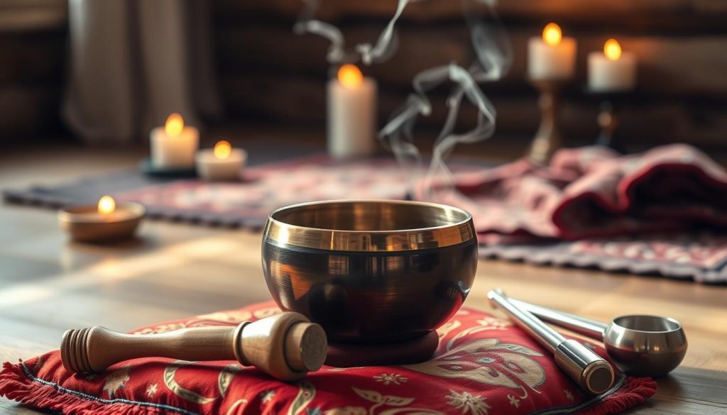A serene and inviting image featuring essential Tibetan singing bowl accessories. In the foreground, showcase a beautifully polished Tibetan singing bowl resting on a vibrant silk cushion adorned with traditional patterns. Beside it, place a wooden mallet with a soft leather band, and a set of tuning forks made from gleaming silver, reflecting gentle light. In the middle ground, include a softly lit space with a meditation mat and an intricately woven blanket, adding a cozy touch. The background should evoke tranquility, with softly blurred candles casting a warm glow and delicate incense smoke curling in the air. Use natural lighting to enhance the calming atmosphere, creating a harmonious scene perfect for a meditation practice.