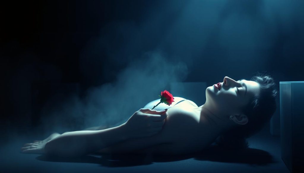 A solitary spotlight illuminates the lifeless form of Maria Callas, her once-radiant face now pale and serene. The iconic prima donna lies in repose, a single rose clasped in her delicate hands, as if gently bidding farewell to the world she had so passionately captivated. Surrounding her is a hazy, mournful atmosphere, the edges of the frame softened and blurred, drawing the viewer's focus to the central figure. The scene exudes a sense of melancholy and the profound finality of the great diva's ultimate performance - the curtain falling on a life of unparalleled artistry and dramatic intensity.