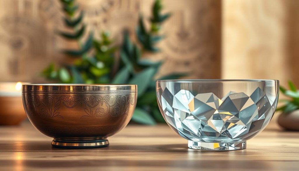 A beautifully arranged composition showcasing the differences between metal and crystal singing bowls. In the foreground, place a polished metal bowl with intricate engravings reflecting warm, golden light, beside a translucent crystal bowl that captures soft, ambient light, illuminating its prismatic facets. In the middle ground, include a serene meditation space with lush greenery and gentle textures, emphasizing relaxation. The background should feature a softly blurred tapestry of earthy tones, suggesting a tranquil and inviting atmosphere. Use soft, diffuse lighting to create a calming effect, ideally with a warm color palette. Capture this scene from a slightly elevated angle, focusing on the contrast between the two types of bowls, evoking a sense of harmony and peace.
