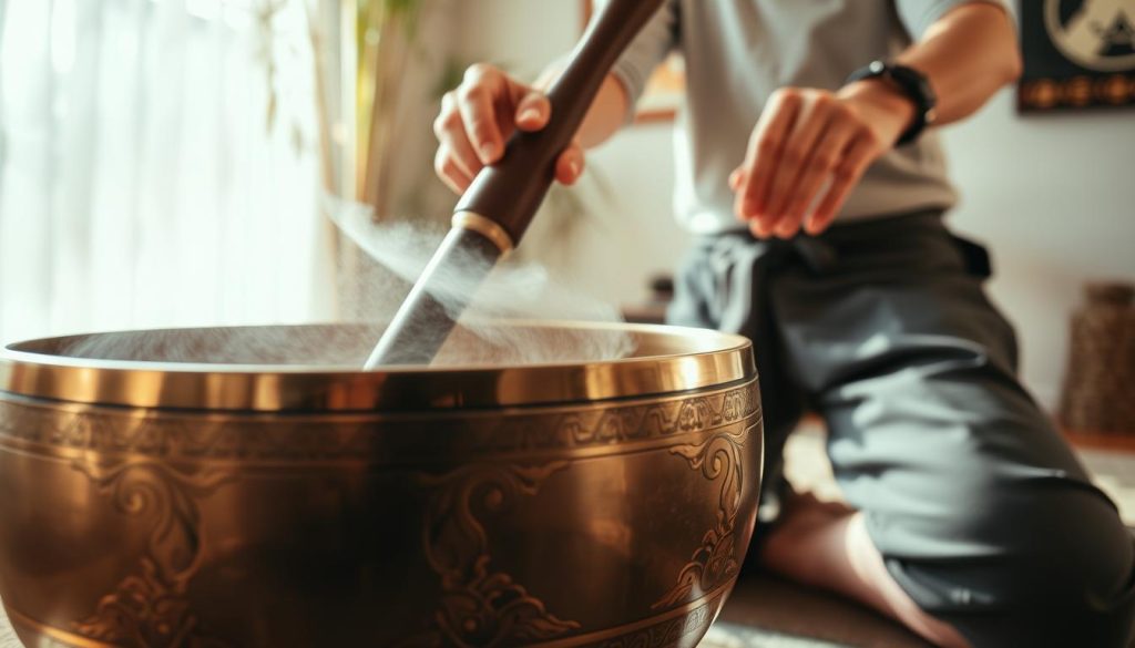 A close-up view of a skilled practitioner using the mailloche technique to strike a Tibetan singing bowl, creating a resonant sound wave. The foreground highlights the intricately designed bowl, shimmering in soft sunlight, showcasing its beautiful engravings. The practitioner, dressed in modest casual clothing, is captured in mid-action, with a focus on their hand wielding the mailloche. In the middle ground, gentle ripples are visible radiating from the bowl, emphasizing the vibration created. The background features a serene, softly lit room decorated with natural elements, such as bamboo and stone, enhancing the calming atmosphere. The overall lighting is warm and inviting, evoking a sense of tranquility and mindfulness in this moment of sound meditation.