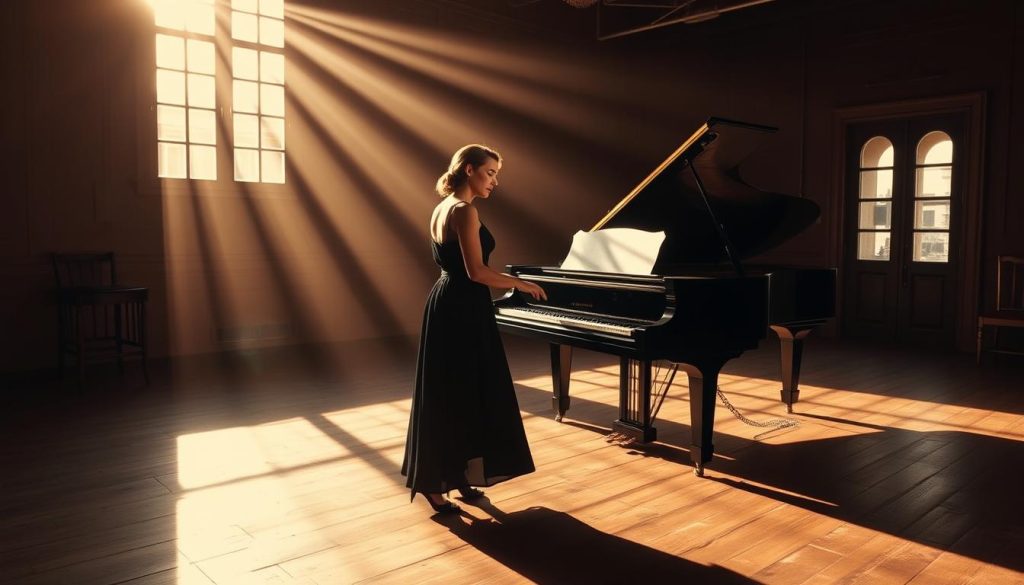 A dimly lit rehearsal studio, the grand piano casting long shadows across the worn hardwood floors. Maria Callas, her regal posture and piercing gaze radiating intensity, stands center stage. Her fingers glide across the keys, coaxing forth a cascade of rich, resonant notes that fill the space. The air is thick with the focus and determination of her unwavering vocal exercises, as she pushes the limits of her extraordinary range and control. Rays of soft, golden light filter through the windows, illuminating the maestro's every nuanced expression and gesture, a testament to her relentless pursuit of perfection.