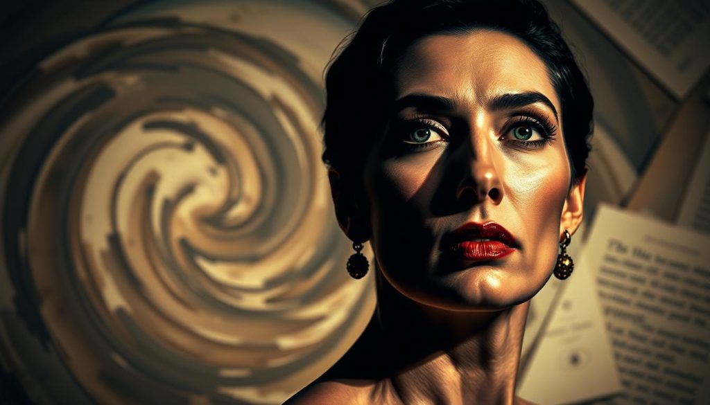 A dramatic, cinematic portrait of the legendary opera singer Maria Callas, captured in an artistic representation that pays homage to her enduring legacy in literature and the arts. The foreground features a captivating close-up of Callas' striking features, her piercing gaze and regal composure exuding a timeless elegance. The middle ground showcases a swirling, painterly backdrop of rich, textured brushstrokes in a muted palette, evoking the creative expressions inspired by her iconic career. The background subtly hints at fragments of classical literature and artistic masterpieces, hinting at the profound impact Callas has had on the creative world. Dramatic lighting casts dramatic shadows, creating a moody, contemplative atmosphere that reflects the depth and complexity of Callas' enduring influence.