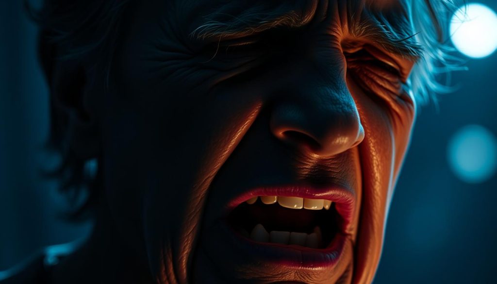 A dramatic close-up of a once-powerful operatic voice, now fading and strained. Dimly lit, the singer's face shows the signs of age and exhaustion, their mouth open in a pained expression, vocal cords strained and visible. The background is blurred, hinting at the grand stages and adoring crowds that have now slipped away. Soft, cool lighting casts dramatic shadows, creating a melancholic, introspective atmosphere. This is the visual embodiment of a once-legendary voice in its twilight years, a poignant testament to the fleeting nature of artistic greatness.