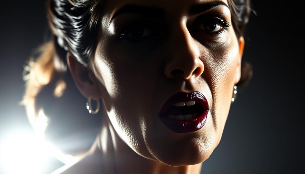 A dramatic close-up portrait of the renowned opera singer Maria Callas, her face etched with intensity and focus. Dramatic backlighting casts deep shadows, highlighting her striking features and the strenuous expression of her extreme vocal technique. The background is obscured, keeping the viewer's attention solely on Callas' captivating visage. The lighting and composition convey the immense emotional and physical exertion required to produce Callas' renowned and unique vocal performances.