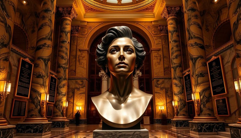 A grand marble hall, its opulent columns and gilded accents bathed in warm, dramatic lighting. At the center, a larger-than-life bronze sculpture of the legendary opera diva Maria Callas, her gaze intense and commanding. Surrounding her, plaques and framed awards adorn the walls, showcasing the numerous prestigious honors and accolades bestowed upon her by the world's most esteemed cultural institutions. The atmosphere is one of reverence and awe, befitting the enduring legacy of this remarkable artist.