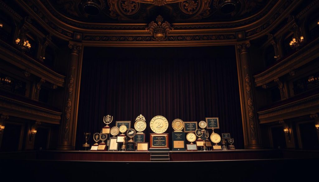 A grand, ornate opera stage serves as the backdrop, dimly lit with a soft, golden glow. Prominently displayed on the stage is a collection of prestigious awards and accolades, meticulously arranged to create a visually striking display. The awards appear to be from various institutions, reflecting the widespread recognition and admiration for the legendary opera singer, Maria Callas, even in the years following her passing. The stage is shrouded in a sense of reverence and timelessness, hinting at the enduring impact of Callas' recordings and performances, which continue to captivate audiences long after her death.