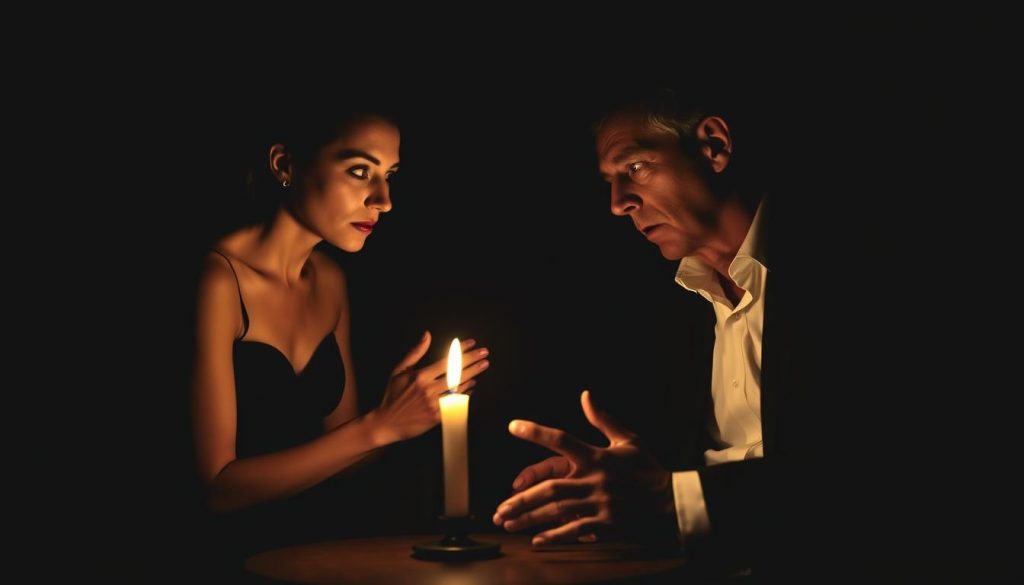 A high-contrast, chiaroscuro-style portrait of Maria Callas and Albert Camus engaged in deep intellectual discourse. The foreground features the two figures sitting at a small table, faces illuminated by the warm glow of a single candle. Callas, dressed in an elegant black gown, leans forward intently, her piercing gaze meeting Camus' thoughtful expression. Camus, in a crisp white shirt and dark jacket, gestures with his hands as if eloquently expounding on a philosophical point. The background is shrouded in shadow, creating an atmosphere of intimate, focused contemplation. The lighting casts dramatic shadows, highlighting the subjects' features and imbuing the scene with a sense of timeless, cerebral connection.