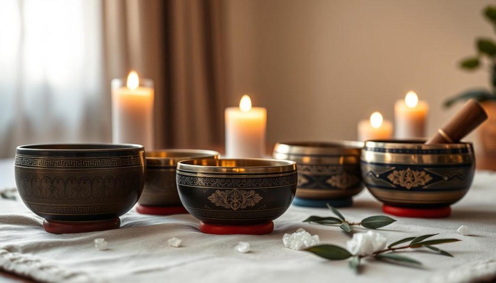 A serene and inviting scene featuring a selection of traditional Tibetan singing bowls arranged elegantly on a soft, textured cloth in a tranquil setting. In the foreground, highlight a few bowls of varying sizes and designs, showcasing intricate engravings and vibrant colors. In the middle background, softly glowing candles provide warm, flickering light, enhancing the peaceful atmosphere. A subtle scattering of Himalayan salt crystals and fresh sage leaves adds to the scene's natural feel. The overall lighting is soft and diffused, creating a sense of calm; a shallow depth of field brings the bowls into sharp focus while gently blurring the background. The mood is serene and meditative, inviting viewers to explore the criteria for choosing these instruments for relaxation and healing.