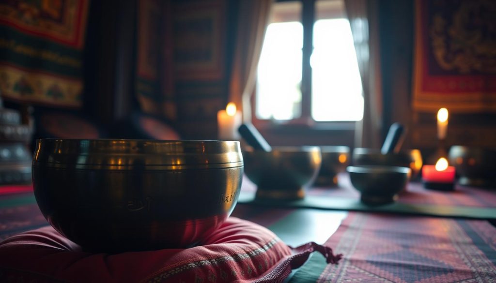 A serene and tranquil scene showcasing Tibetan singing bowls in a cozy, dimly-lit room. In the foreground, a beautifully crafted singing bowl made of brass, adorned with intricate carvings, rests on a colorful silk cushion. Soft light reflects off its polished surface, creating a warm glow. In the middle ground, there are several other bowls of varying sizes, each displaying unique designs, suggesting a rich cultural heritage. The background features a gently flickering candle and subtle hints of traditional Tibetan fabrics hanging on the walls, adding depth to the cultural atmosphere. The mood is peaceful and meditative, inviting a sense of relaxation and contemplation. Soft, natural lighting enhances the tranquil ambiance, with a shallow depth of field focusing on the singing bowls while gently blurring the background elements.