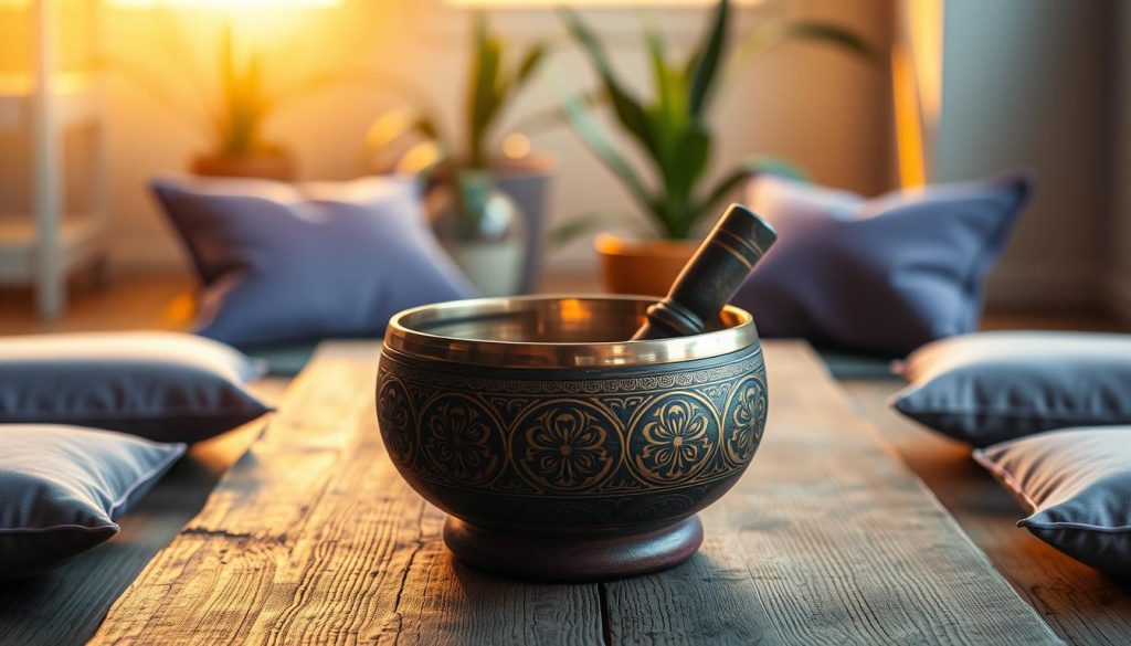 A serene meditation space featuring a beautifully-crafted Tibetan singing bowl centered on a rustic wooden table. The bowl, adorned with intricate carvings and rich tones, reflects warm golden light, creating a peaceful and inviting atmosphere. Surrounding the bowl, soft lavender cushions invite the viewer to imagine a meditative practice. In the background, a softly lit room with gentle shadows highlights the tranquility of the setting, with plants softly out of focus. The overall mood is calming and introspective, evoking the essence of mindfulness. The lighting should be warm and diffused, as if bathed in the soft glow of a sunset, enhancing the spiritual ambiance of meditation.