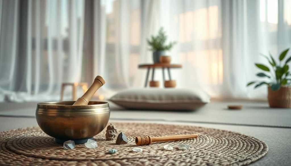 A serene meditation space prepared for a sound therapy session, featuring a beautifully arranged Tibetan singing bowl at the forefront, placed on a soft, woven mat. Surround the bowl with a few calming crystals and a lit sandalwood incense stick, releasing gentle smoke. In the middle ground, include a comfortable meditation cushion in muted earth tones and a small low table holding a calming herbal tea set. The background showcases a tranquil indoor setting with soft, ambient lighting filtering through sheer curtains, accentuating a peaceful, uplifting atmosphere. Incorporate greenery, like a small potted plant, to add life. Capture the scene from a slight angle, emphasizing depth and inviting tranquility, creating an ideal environment for meditation and sound therapy practice.