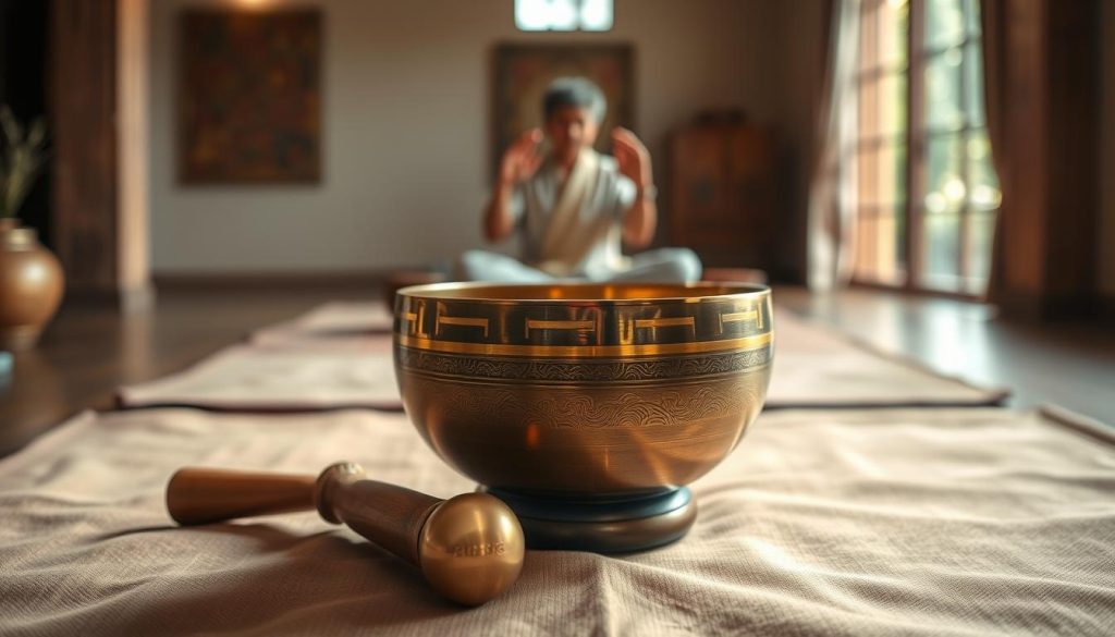 A serene scene depicting a Tibetan singing bowl in the foreground, elegantly placed on a soft, richly textured fabric. The bowl, crafted from brass with intricate engravings, reflects gentle light, highlighting its curves. Positioned beside the bowl is a polished mallet, poised for action, suggesting a moment of preparation. In the middle ground, faintly visible, a pair of hands gracefully perform a circular motion around the bowl, illustrating the technique of producing its resonant sound. The background features a tranquil meditation space with soft, ambient lighting, rich earth tones, and a hint of nature through a window, creating a peaceful atmosphere. The overall mood is calming and inviting, perfectly encapsulating the essence of meditation practice centered around the singing bowl.