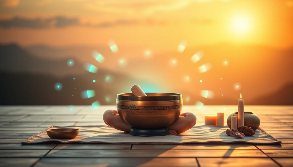 A serene scene depicting the vibrational benefits of Tibetan singing bowls on the body and mind. In the foreground, a peaceful figure sits cross-legged on a soft mat, wearing comfortable, modest clothing, gently playing a wooden singing bowl. Soft, glowing sound waves radiate outward from the bowl, illustrated with vibrant colors like blue, green, and gold, symbolizing healing energy. In the middle ground, calming elements such as crystals, incense, and softly flickering candles enhance the atmosphere. The background features blurred silhouettes of mountains and a tranquil sunset sky, casting warm golden light that envelops the entire scene, evoking feelings of relaxation and inner peace. The lens should provide a slightly elevated perspective, capturing both the figure and the surrounding ambiance. The overall mood should be soothing and introspective, inviting the viewer to experience the benefits of sound therapy.