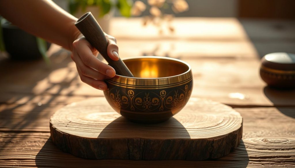 A serene setting featuring a beautifully crafted Tibetan singing bowl placed on a textured wooden surface. In the foreground, a pair of hands are gently adjusting the bowl, demonstrating the delicate pressure and speed needed to produce harmonics, with the bowl slightly shimmering as it vibrates. The middle ground showcases the bowl with intricate designs, capturing the essence of Tibetan art. Soft, warm lighting casts gentle shadows, evoking a calming atmosphere. In the background, blurred hints of natural elements, like plants or stones, enhance the tranquility of the scene. The camera angle is slightly above the bowl, focusing on the hands and the bowl’s surface, thoroughly illustrating the technique of achieving varied sound.