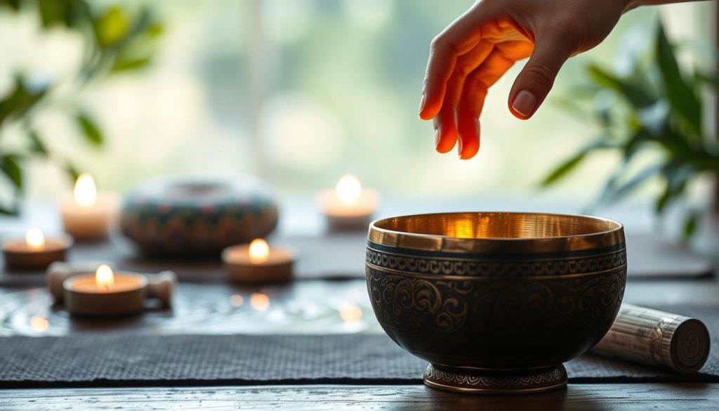 A serene setting featuring a beautifully crafted Tibetan singing bowl positioned prominently in the foreground, with a pair of hands gently striking the rim to create a harmonious sound. The bowl is intricately detailed, showcasing traditional Tibetan patterns, and emits a soft glow, highlighting its metallic surface. In the middle ground, softly blurred elements include a meditative space with a small cushion and candles casting a warm firelight. The background consists of soothing natural elements like soft green foliage and gentle water ripples, creating a peaceful atmosphere. The lighting is soft and diffused, enhancing the calm mood, capturing the essence of meditation. The angle is slightly tilted, focusing on the bowl and hands to emphasize the technique of striking its edge.