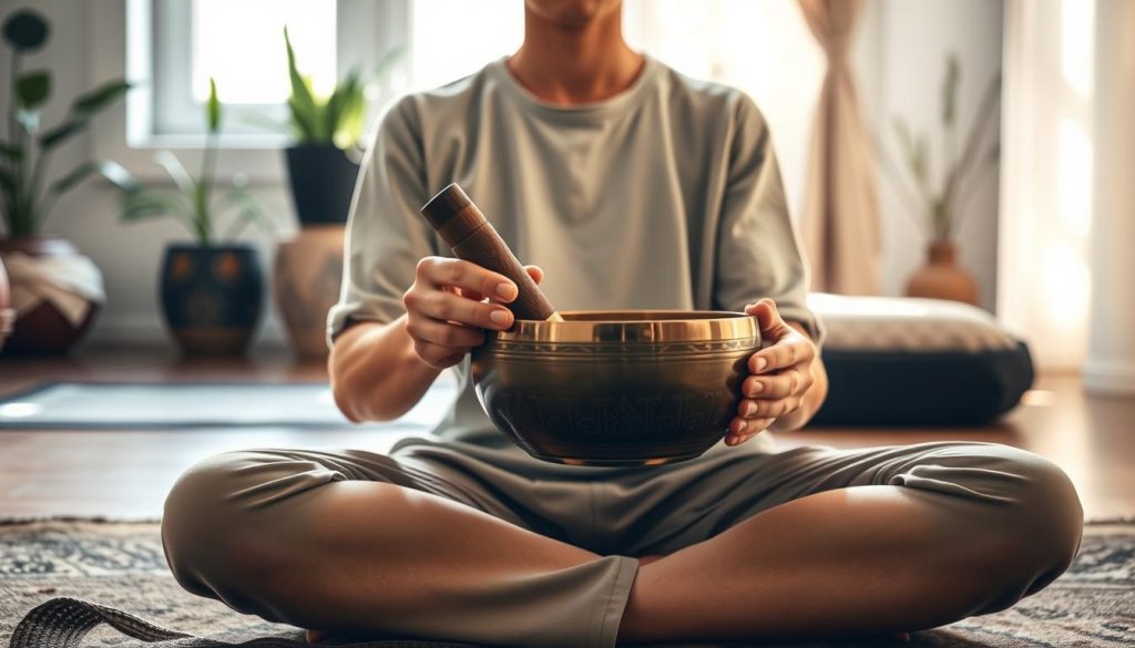 A serene setting featuring a person sitting in a comfortable, cross-legged position, embodying the ideal posture for playing a Tibetan singing bowl. The individual, dressed in modest, casual clothing, is positioned in the foreground, gently holding a beautifully crafted, ornate Tibetan bowl. In the middle ground, soft natural light streams through a window, casting a warm glow on the scene, accentuating the bowl’s intricate details and the calming atmosphere. The background shows a subtle, blurred view of a peaceful meditation space adorned with plants and soft fabrics, enhancing the tranquil mood. The image captures the essence of relaxation and focus, portraying the harmonious vibrations released from the bowl in an inviting and uplifting environment.