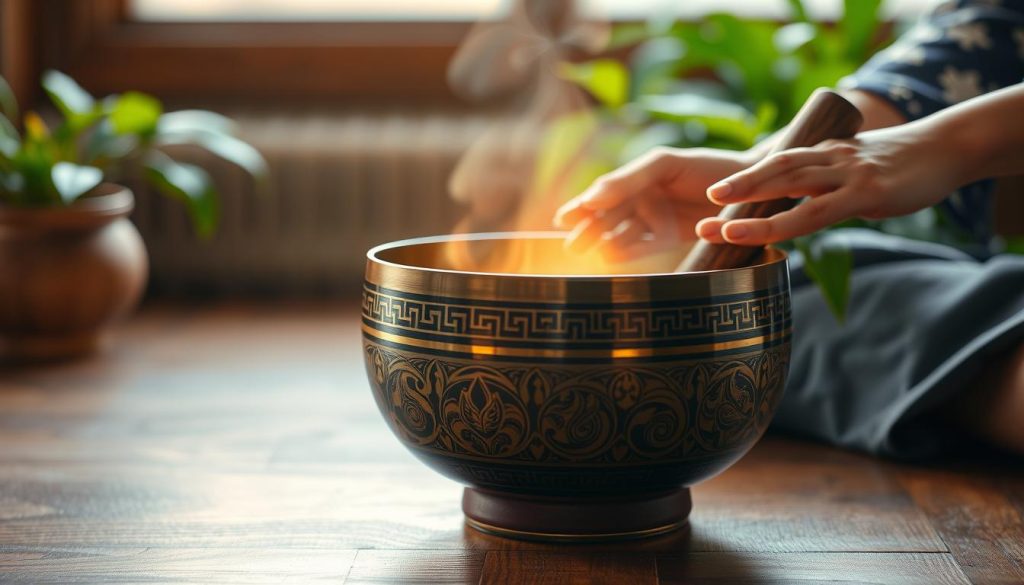 A tranquil scene featuring a Tibetan singing bowl placed in the foreground, with hands gently circling the bowl to produce sound. The bowl is ornately designed, reflecting intricate patterns and traditional craftsmanship. In the middle layer, a softly glowing light emanates from the bowl, enhancing the resonant vibrations around it. Background elements incorporate soothing, natural textures like a wooden table and lush greenery that suggest a peaceful meditation environment. Use warm, soft lighting to create a serene atmosphere, with an emphasis on the harmonious ripples emanating from the bowl. Capture the image from a slightly elevated angle to highlight the bowl's shape and surface details, evoking a sense of tranquility and focus on problem-solving in sound resonance.
