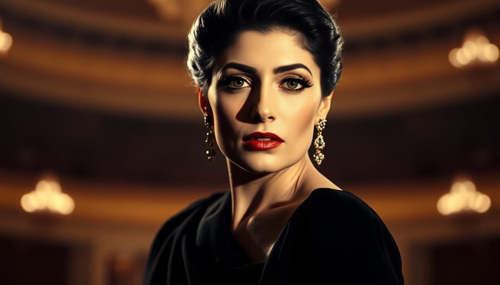Prompt A stunning portrait of the legendary opera diva Maria Callas, captured in a dramatic chiaroscuro lighting. Her captivating gaze and elegant poise command the viewer's attention, as she is framed against a softly blurred background hinting at the grandeur of the opera stage. The image exudes a sense of timeless artistry and the magnetic allure that made Callas a cultural icon, reflecting her enduring presence in the public imagination.