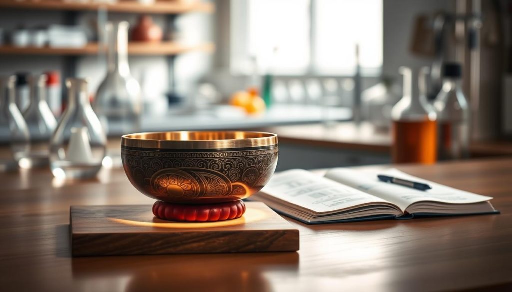 A Tibetan singing bowl crafted from seven metals, displayed prominently in the foreground, showcasing its intricate patterns and rich, lustrous surface. The bowl is positioned on a softly lit wooden table, with a gentle spotlight illuminating its reflections and highlights. In the middle ground, an open scientific journal lies next to the bowl, featuring detailed diagrams and notes on metal composition, hinting at an analytical approach. In the background, blurred laboratory equipment subtly suggests a scientific environment, with beakers and test tubes to convey an atmosphere of research and exploration. The overall mood is serene and contemplative, inviting the viewer into a world where ancient tradition meets modern scientific inquiry. Soft, diffused lighting enhances the elegance of the scene, making it visually compelling. A Tibetan singing bowl crafted from seven metals, displayed prominently in the foreground, showcasing its intricate patterns and rich, lustrous surface. The bowl is positioned on a softly lit wooden table, with a gentle spotlight illuminating its reflections and highlights. In the middle ground, an open scientific journal lies next to the bowl, featuring detailed diagrams and notes on metal composition, hinting at an analytical approach. In the background, blurred laboratory equipment subtly suggests a scientific environment, with beakers and test tubes to convey an atmosphere of research and exploration. The overall mood is serene and contemplative, inviting the viewer into a world where ancient tradition meets modern scientific inquiry. Soft, diffused lighting enhances the elegance of the scene, making it visually compelling.