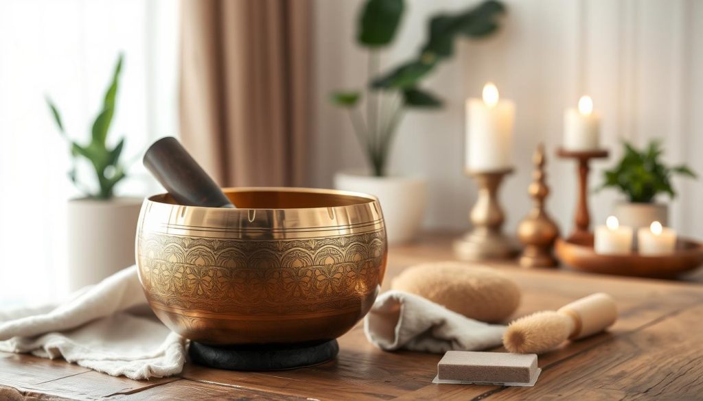 A beautifully arranged Tibetan singing bowl crafted from seven metals, displayed prominently in the foreground on a rustic wooden table. The bowl's intricate engravings catch the warm light, reflecting a golden hue, emphasizing its unique craftsmanship and sheen. Surrounding the bowl are various cleaning tools, such as a soft cloth and a natural bristle brush, to illustrate the theme of maintenance. In the middle ground, a serene indoor setting includes soothing décor like plants and candles, subtly blurred to keep focus on the bowl. The background features a soft, diffused light filtering through sheer curtains, creating a calm and peaceful atmosphere. The overall mood is one of tranquility and reverence, ideal for highlighting the importance of caring for this beautiful instrument. A beautifully arranged Tibetan singing bowl crafted from seven metals, displayed prominently in the foreground on a rustic wooden table. The bowl's intricate engravings catch the warm light, reflecting a golden hue, emphasizing its unique craftsmanship and sheen. Surrounding the bowl are various cleaning tools, such as a soft cloth and a natural bristle brush, to illustrate the theme of maintenance. In the middle ground, a serene indoor setting includes soothing décor like plants and candles, subtly blurred to keep focus on the bowl. The background features a soft, diffused light filtering through sheer curtains, creating a calm and peaceful atmosphere. The overall mood is one of tranquility and reverence, ideal for highlighting the importance of caring for this beautiful instrument.