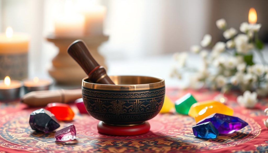 A beautifully arranged scene featuring a Tibetan singing bowl, detailed with intricate carvings, placed centrally on a vibrant meditation cloth. Surround the bowl with colorful crystals representing each chakra: red, orange, yellow, green, blue, indigo, and violet. In the background, softly blurred, include a gentle ambiance of candles flickering and delicate flowers, enhancing the serenity of the setting. The lighting is warm and inviting, casting soft shadows that add depth. Use a shallow depth of field to keep the focus on the bowl while providing a dreamy, tranquil atmosphere, suggesting peace and harmony. Capture the essence of sound healing and spiritual alignment through this captivating composition. A beautifully arranged scene featuring a Tibetan singing bowl, detailed with intricate carvings, placed centrally on a vibrant meditation cloth. Surround the bowl with colorful crystals representing each chakra: red, orange, yellow, green, blue, indigo, and violet. In the background, softly blurred, include a gentle ambiance of candles flickering and delicate flowers, enhancing the serenity of the setting. The lighting is warm and inviting, casting soft shadows that add depth. Use a shallow depth of field to keep the focus on the bowl while providing a dreamy, tranquil atmosphere, suggesting peace and harmony. Capture the essence of sound healing and spiritual alignment through this captivating composition.