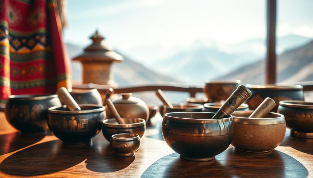 A beautifully arranged scene featuring a selection of traditional Tibetan bowls, each exhibiting unique designs and intricate craftsmanship. In the foreground, a polished wooden table displays bowls made of various materials, showcasing different sizes and textures. The middle ground captures a soft focus of rich, colorful textiles that accentuate the cultural heritage of Tibetan crafts. In the background, a serene Himalayan landscape fades softly into a gentle blue sky, hinting at the origins of these instruments. The lighting is warm and inviting, with soft sunlight filtering through, creating a peaceful and meditative atmosphere. The angle is slightly elevated, drawing attention to the details in the bowls while maintaining the tranquil ambiance. No text or watermarks present.
