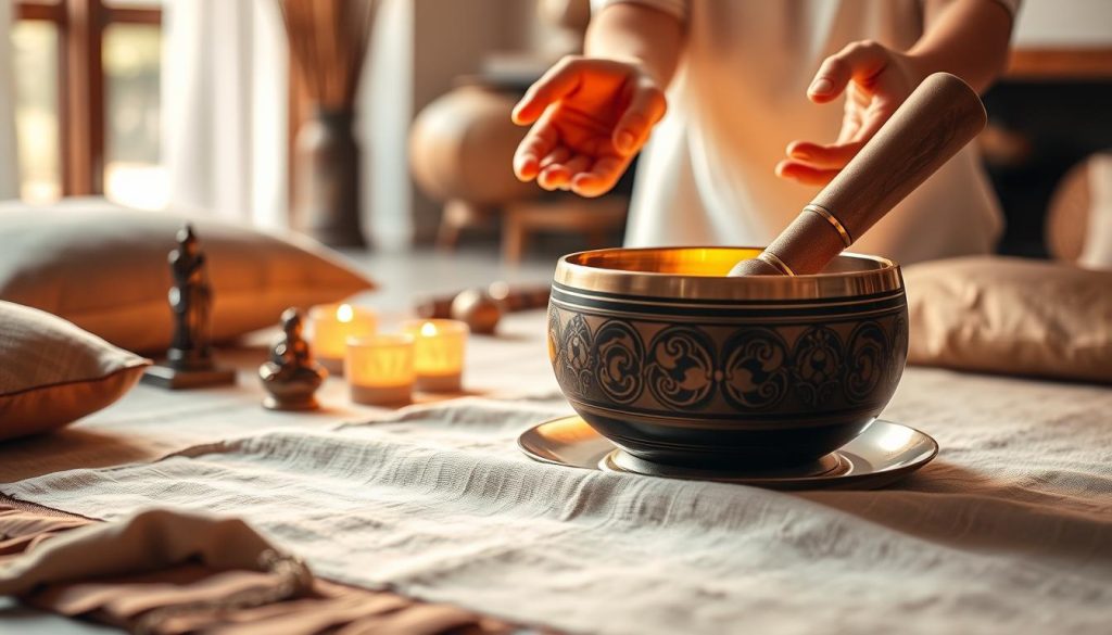 A beautifully arranged scene showcasing a Tibetan singing bowl being presented as a gift. In the foreground, the intricately designed bowl sits on a soft, textured fabric, glowing softly in warm, inviting light. Surrounding the bowl are delicate, handcrafted cushions and a few carefully placed ornaments that reflect Tibetan culture, like small statues or prayer beads. In the middle ground, gentle hands are reaching towards the bowl, displaying a sense of reverence and gratitude. The background features a serene, softly lit room with natural materials like wood and stone, further enhancing the peaceful atmosphere. The image should evoke feelings of warmth, mindfulness, and appreciation, with natural lighting that creates a calming ambiance. The composition should be balanced and harmonious, inviting viewers into the experience of gifting a Tibetan singing bowl.