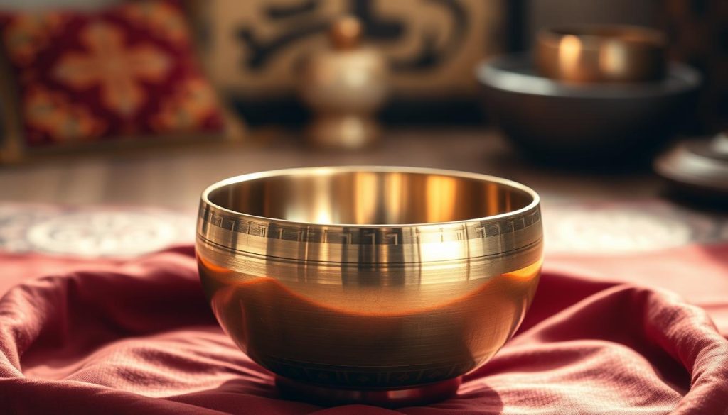 A beautifully crafted Tibetan singing bowl made from an intricate blend of seven metals, showcasing its unique luster and polished finish in the foreground. The bowl is positioned atop a soft, textured fabric, perhaps in deep red or gold, emphasizing its cultural significance. In the background, blurred elements of an ambient, serene space, such as soft meditation cushions or subtle hints of traditional Tibetan art, evoke a calming atmosphere. Warm, soft lighting bathes the scene, highlighting the bowl’s reflective surface and creating gentle shadows. A slight top-down angle captures the bowl’s depth and craftsmanship, inviting viewers to appreciate its details. The overall mood is tranquil and reverent, reflecting the modern interpretations and alternative alloys used in Tibetan bowls. A beautifully crafted Tibetan singing bowl made from an intricate blend of seven metals, showcasing its unique luster and polished finish in the foreground. The bowl is positioned atop a soft, textured fabric, perhaps in deep red or gold, emphasizing its cultural significance. In the background, blurred elements of an ambient, serene space, such as soft meditation cushions or subtle hints of traditional Tibetan art, evoke a calming atmosphere. Warm, soft lighting bathes the scene, highlighting the bowl’s reflective surface and creating gentle shadows. A slight top-down angle captures the bowl’s depth and craftsmanship, inviting viewers to appreciate its details. The overall mood is tranquil and reverent, reflecting the modern interpretations and alternative alloys used in Tibetan bowls.