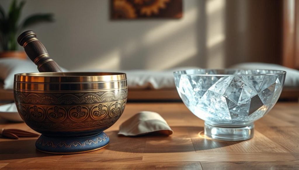 A captivating image showcasing the contrast between a traditional Tibetan singing bowl made of metal and a crystal bowl. In the foreground, the metallic bowl gleams with intricate carvings, reflecting warm light, while the crystal bowl sparkles and refracts surrounding colors, creating a celestial glow. In the middle ground, soft textures, like silk cushions, enhance the luxuriousness of both bowls. The background features a serene, softly lit meditation space with ambient lighting, where gentle shadows play across a natural wooden table. The overall mood is tranquil and reflective, inviting contemplation on the fundamental differences between metal and crystal in the context of sound and craftsmanship. The perspective should be slightly elevated, capturing the elegance and intricacy of both bowls. A captivating image showcasing the contrast between a traditional Tibetan singing bowl made of metal and a crystal bowl. In the foreground, the metallic bowl gleams with intricate carvings, reflecting warm light, while the crystal bowl sparkles and refracts surrounding colors, creating a celestial glow. In the middle ground, soft textures, like silk cushions, enhance the luxuriousness of both bowls. The background features a serene, softly lit meditation space with ambient lighting, where gentle shadows play across a natural wooden table. The overall mood is tranquil and reflective, inviting contemplation on the fundamental differences between metal and crystal in the context of sound and craftsmanship. The perspective should be slightly elevated, capturing the elegance and intricacy of both bowls.